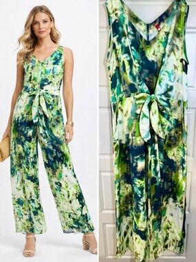 NWOT IC Collection Green Abstract Tie-Waist Jumpsuit Women’s Size Small 🧡